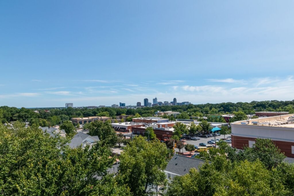 A vibrant view of the Raleigh, North Carolina skyline on a sunny day with lush greenery and a clear blue sky.